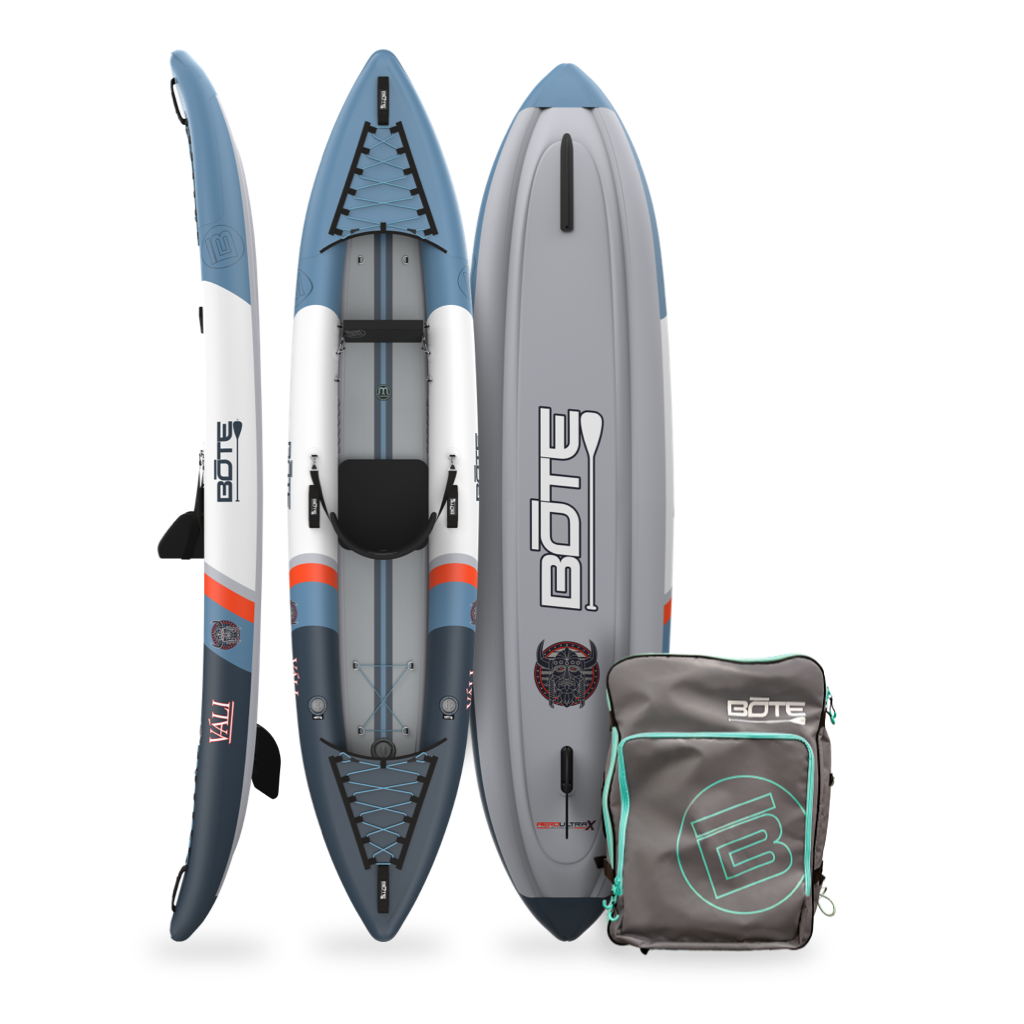 Inflatable paddle boards and a carrying bag with BOTE branding on a white background