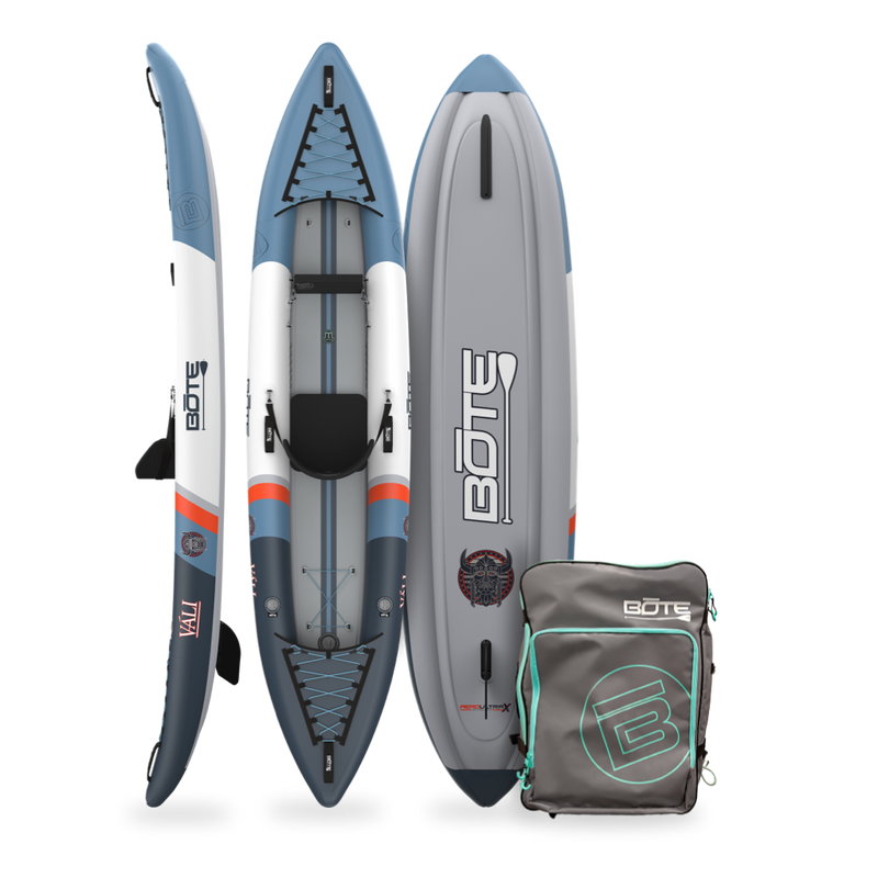 Inflatable paddle boards and a carrying bag with BOTE branding on a white background