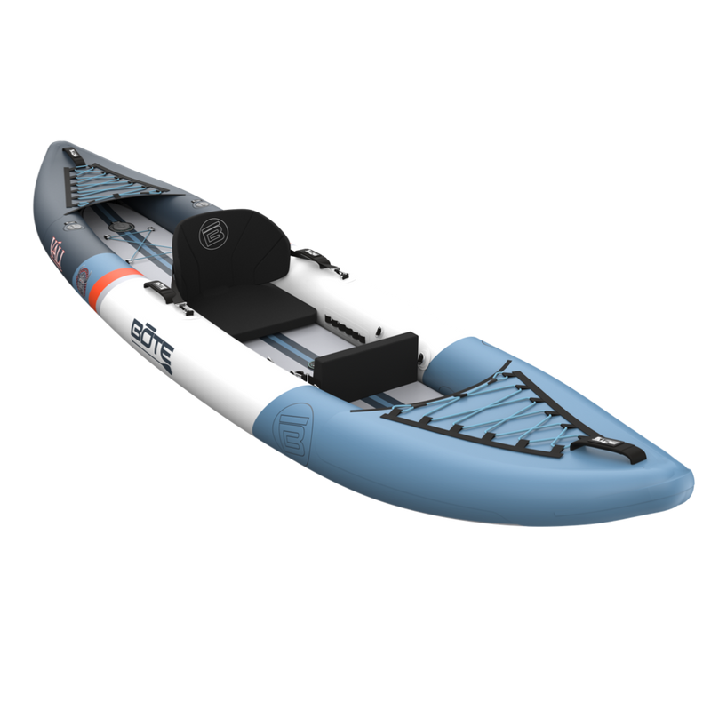 Blue and white inflatable kayak on a white background