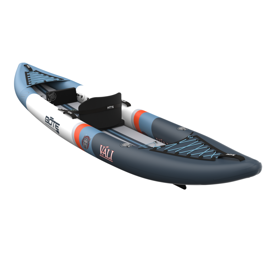 Inflatable kayak with blue and gray design on a white background