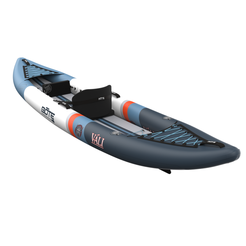 Inflatable kayak with blue and gray design on a white background