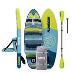 Front, side, and top views of Kids FlowRider board with seat, paddle, and travel bag shown.