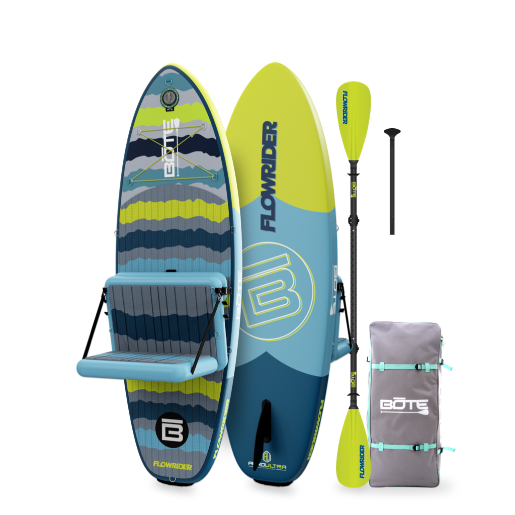 Angled side view showing Kids FlowRider board with seat, paddle, and front bungees.