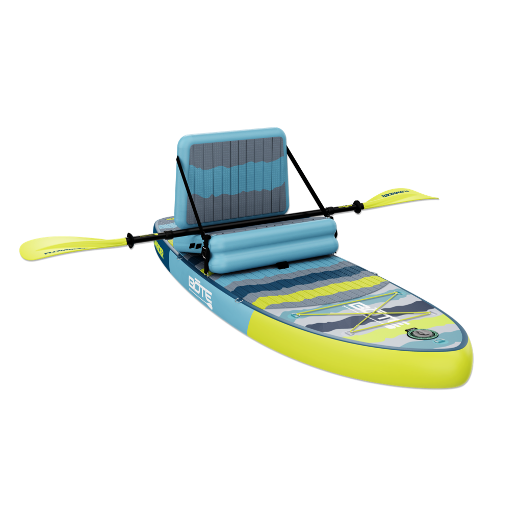 Angled side view showing Kids FlowRider board with seat, paddle, and front bungees.