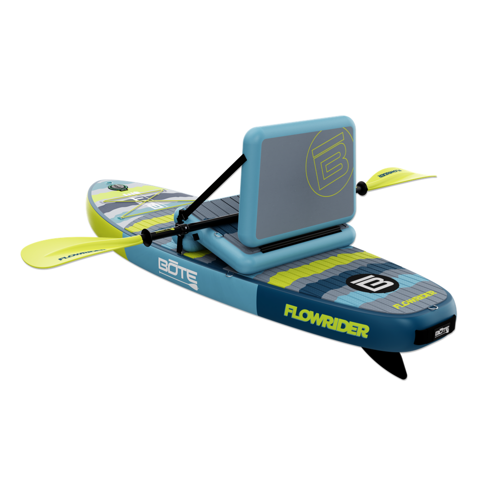 Rear angle of Kids FlowRider board with seat, paddle, and wavy deck design.