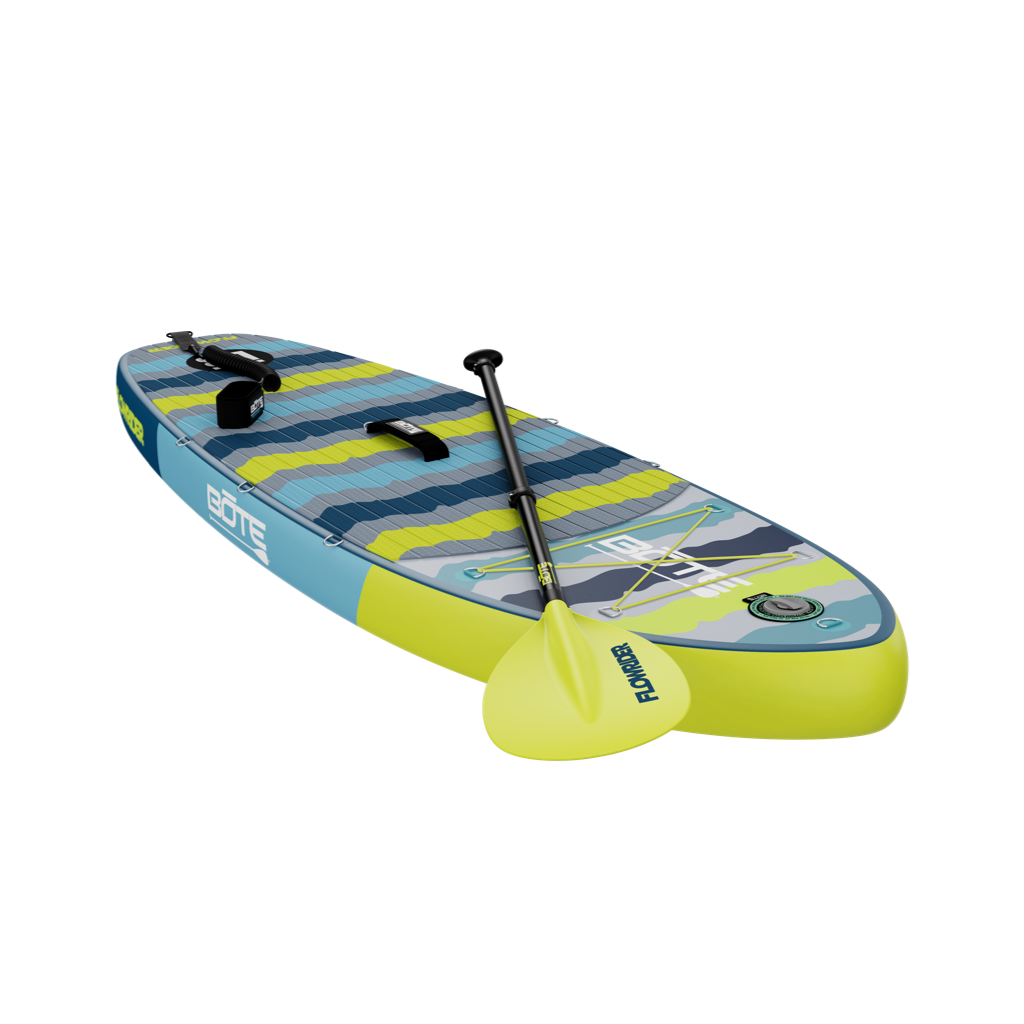 Angled front-right view of Kids FlowRider with paddle and coiled leash on deck.