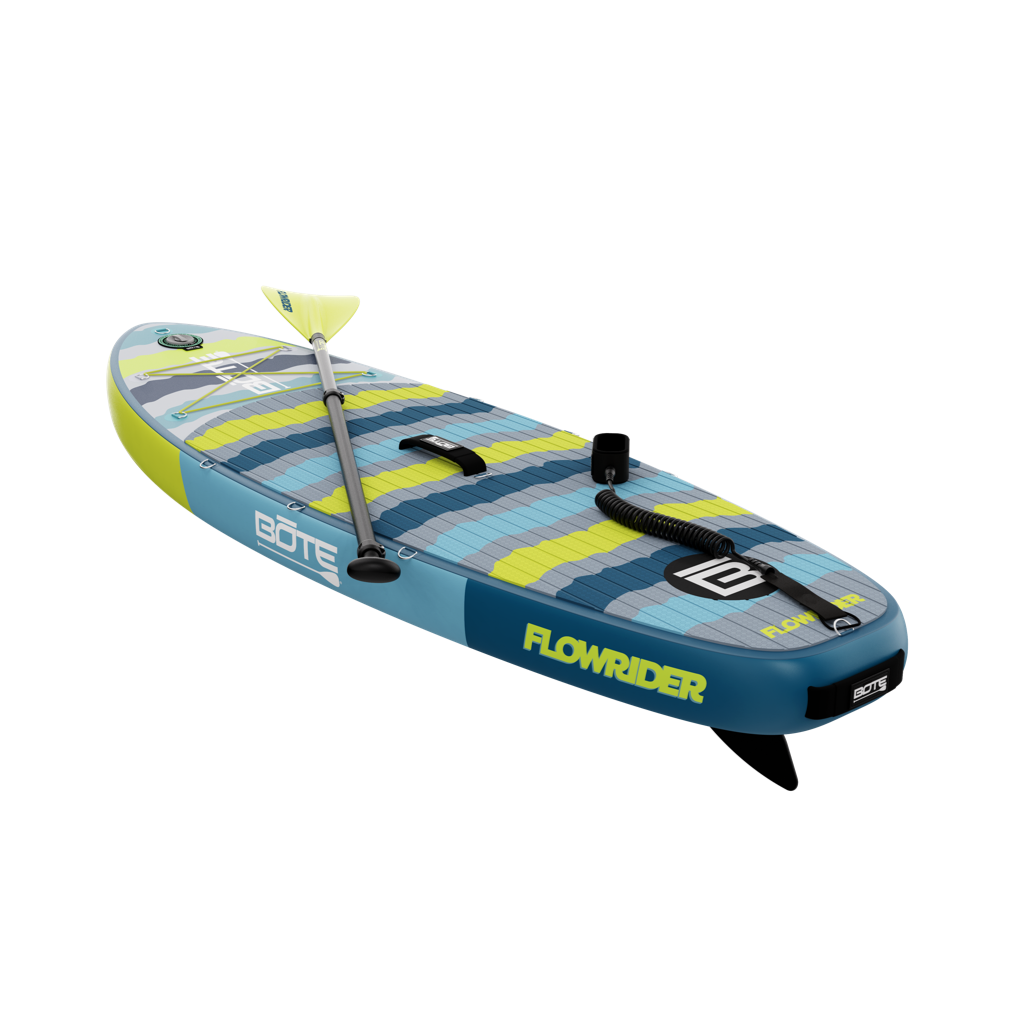 Angled rear-left view showing Kids FlowRider paddle board with paddle across deck.