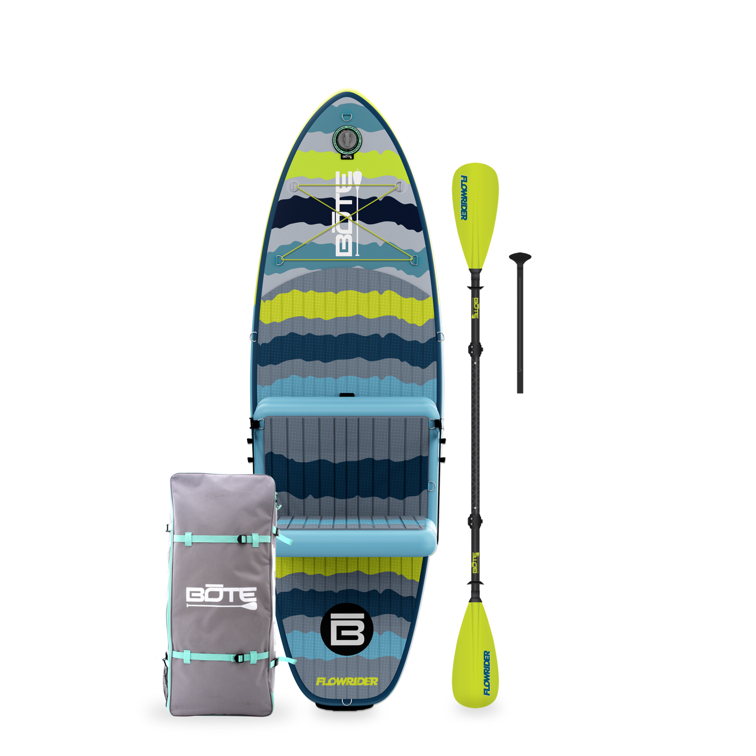 Top-down view of Kids FlowRider with seat, neon paddle, and gray BOTE bag.