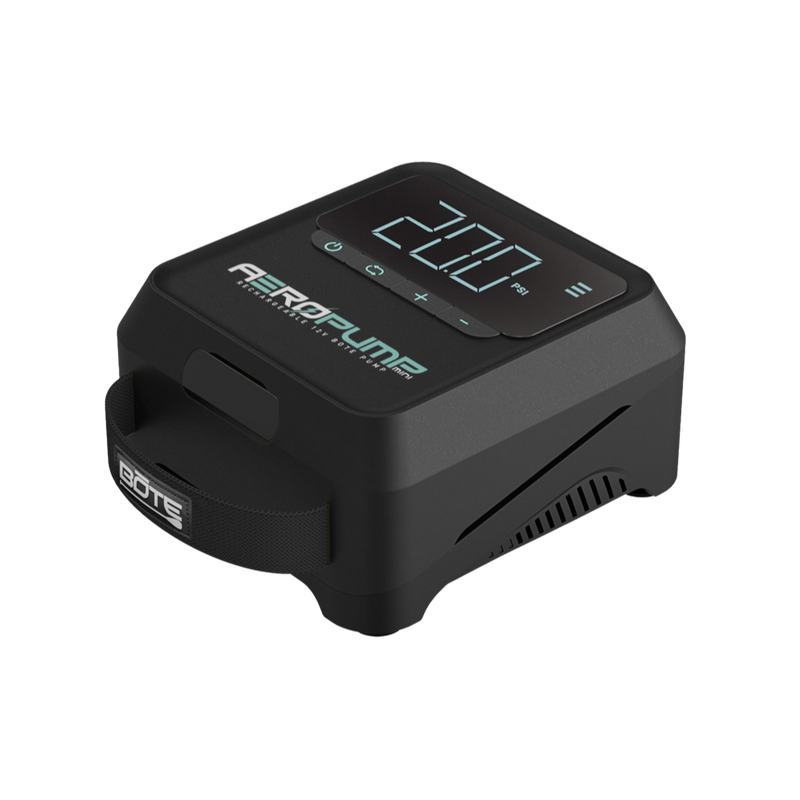 Angled view of AeroPump Mini Rechargeable 12V Pump with digital display and carry handle.