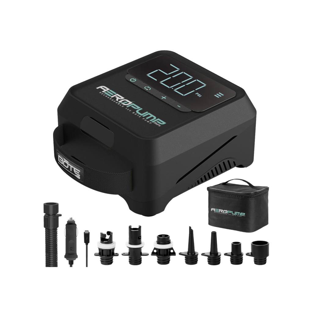 AeroPump Mini with included hose, nozzle set, power adapters, and zippered storage pouch.