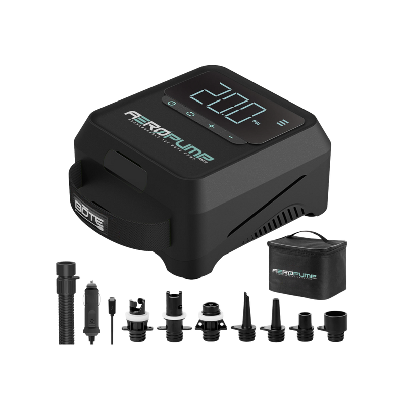 AeroPump Mini with included hose, nozzle set, power adapters, and zippered storage pouch.