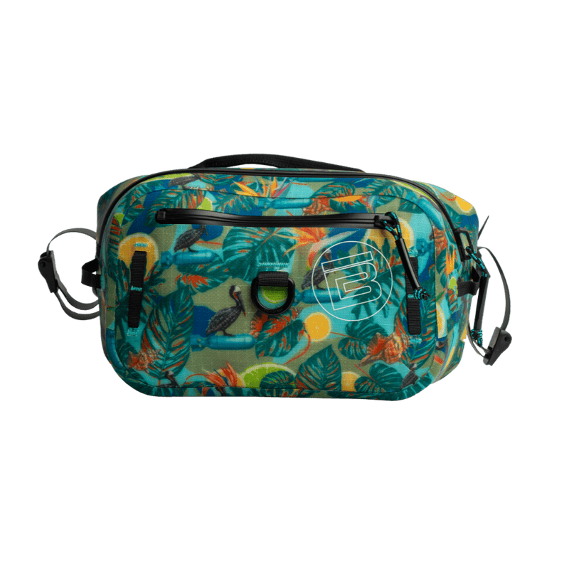 Front view of Native Bombardier belt pack with zip pocket, D-ring, and leaf and citrus print.
