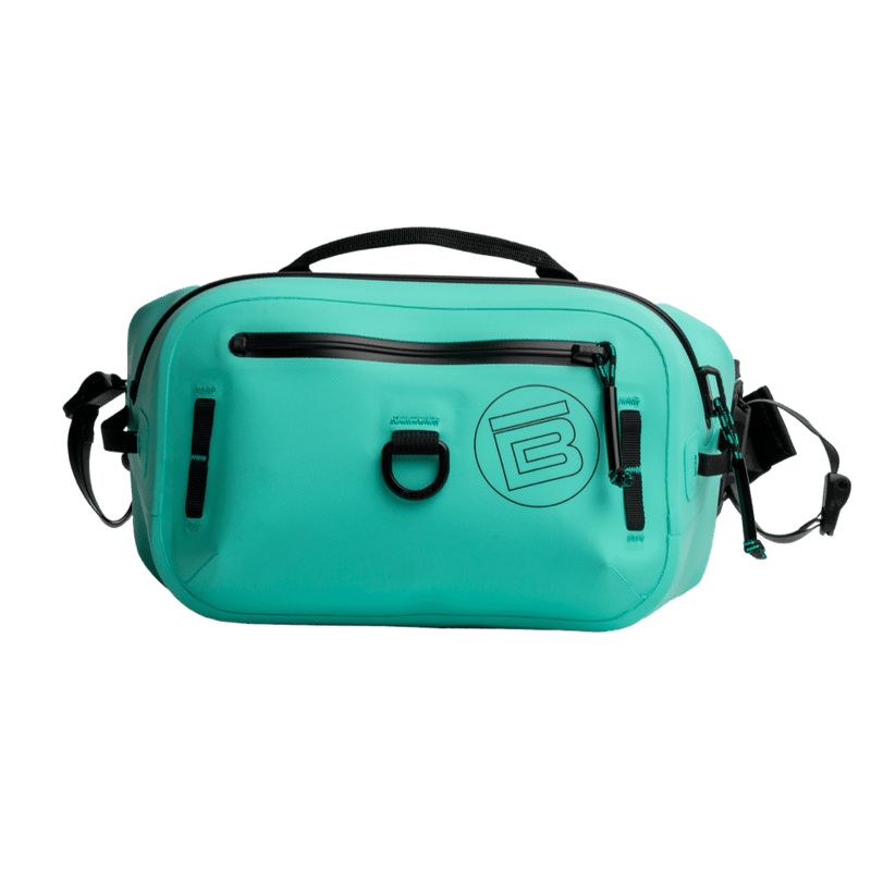 Front view of Highwater Belt Pack Seafoam showing B logo, zipper, and gear loop.