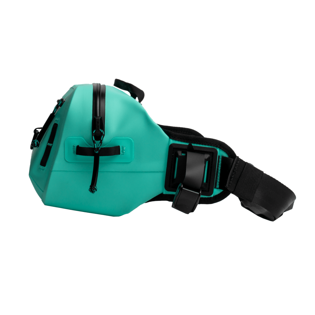 Left side view of Highwater Belt Pack Seafoam highlighting compression strap and zipper.