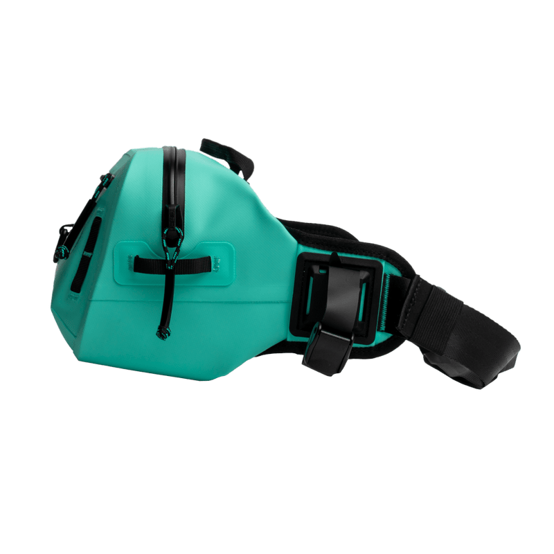 Left side view of Highwater Belt Pack Seafoam highlighting compression strap and zipper.