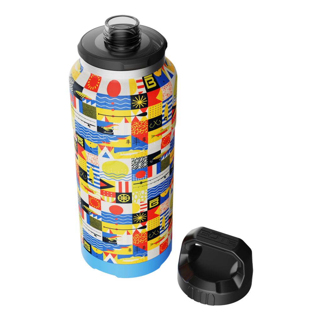 Top angled view of the MAGNEBottle 36oz Fischer Topwater with cap off