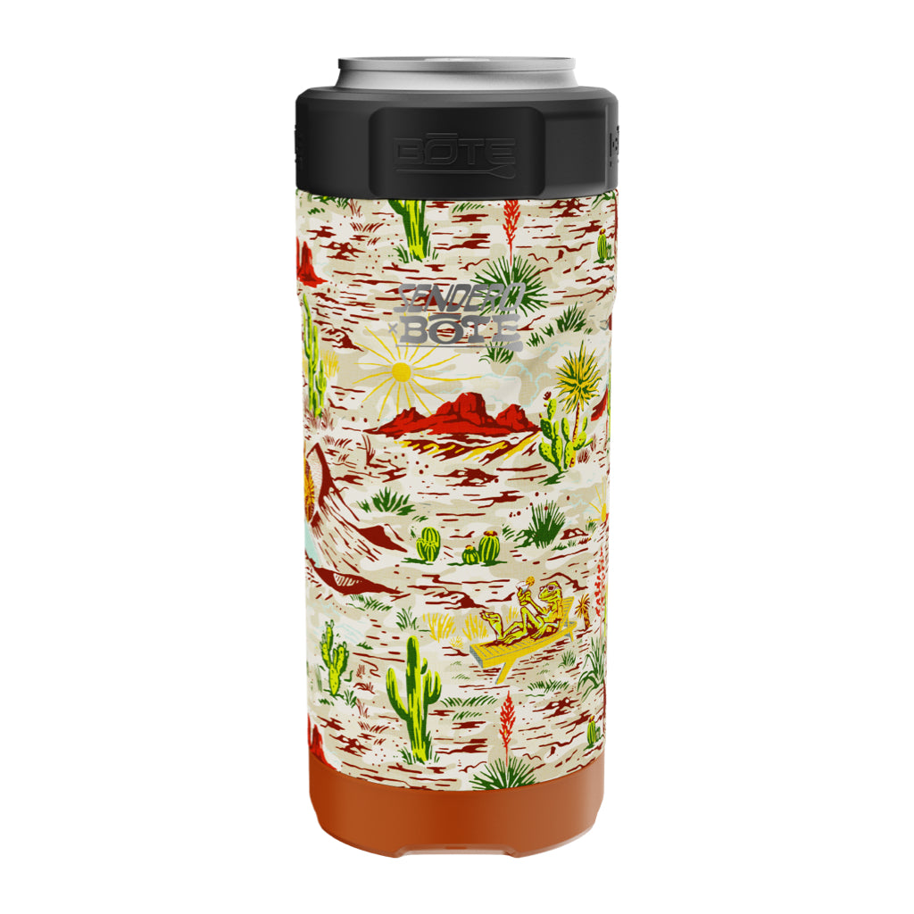 A detailed image of the MAGNEChill Can Cooler Slim Native Sendero, showing its design and key features.