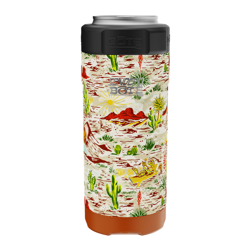 A detailed image of the MAGNEChill Can Cooler Slim Native Sendero, showing its design and key features.