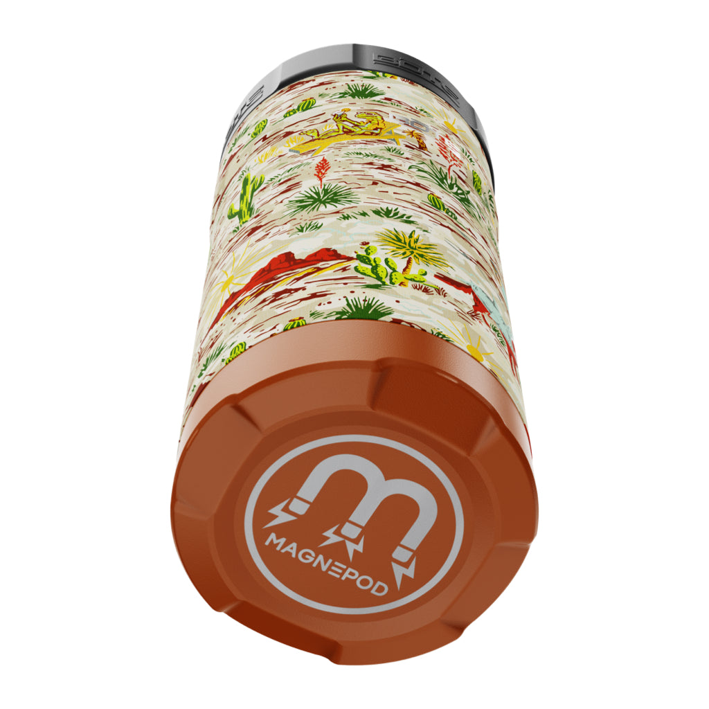 A detailed image of the MAGNEChill Can Cooler Slim Native Sendero, showing its design and key features.