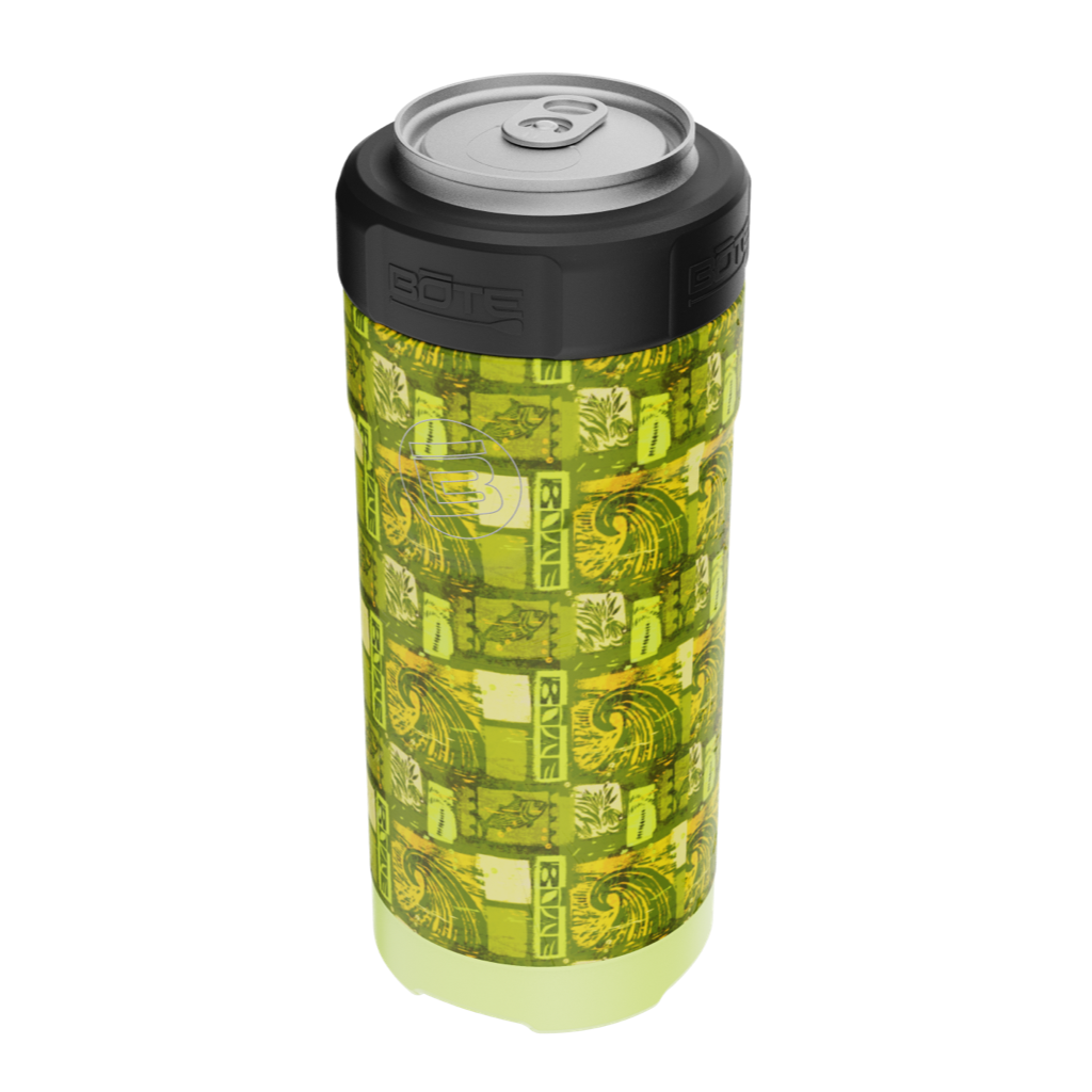 Angled view of green Native Nalu can cooler with tropical pattern and black top.