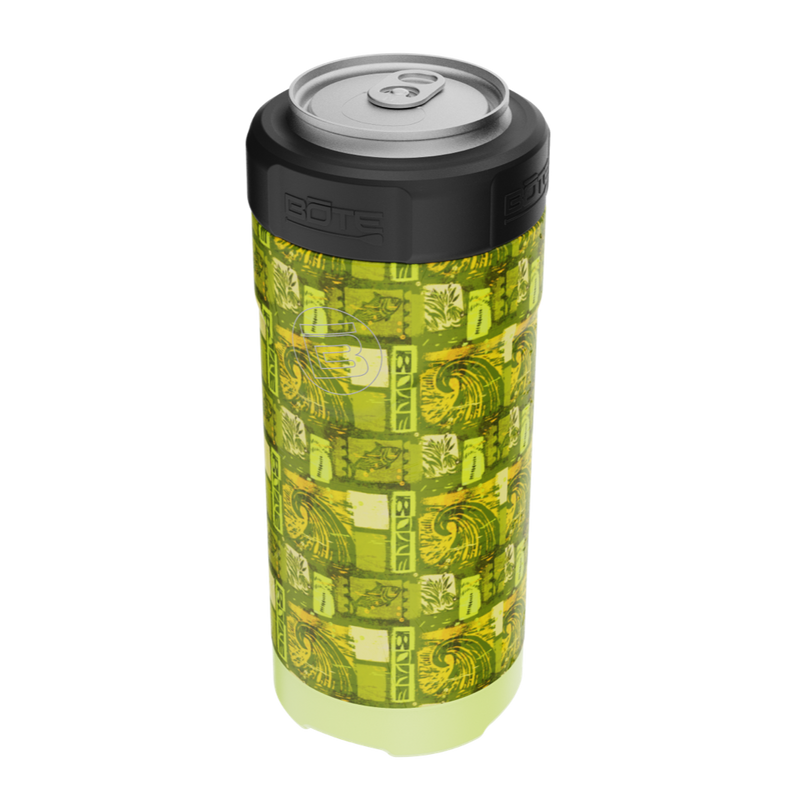 Angled view of green Native Nalu can cooler with tropical pattern and black top.