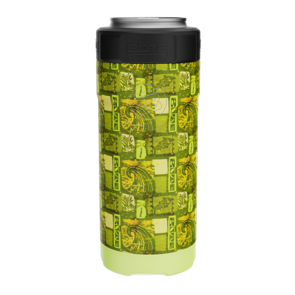 Front view of Native Nalu can cooler showing BOTE logo and vivid tropical design.