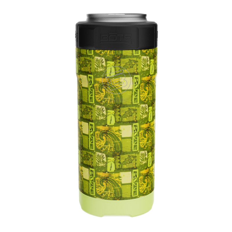 Front view of Native Nalu can cooler showing BOTE logo and vivid tropical design.