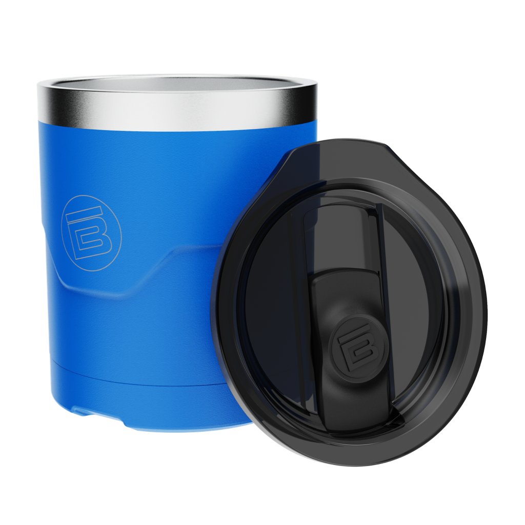 Side view of the MAGNETumbler 12oz Lowball Harbor Blue with lid beside it