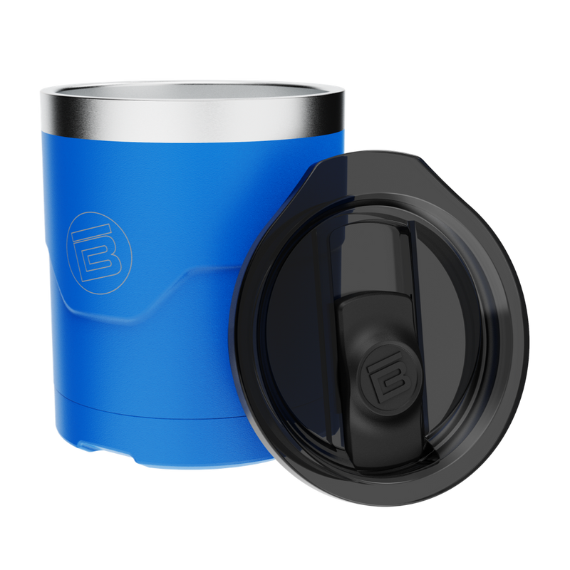 Side view of the MAGNETumbler 12oz Lowball Harbor Blue with lid beside it