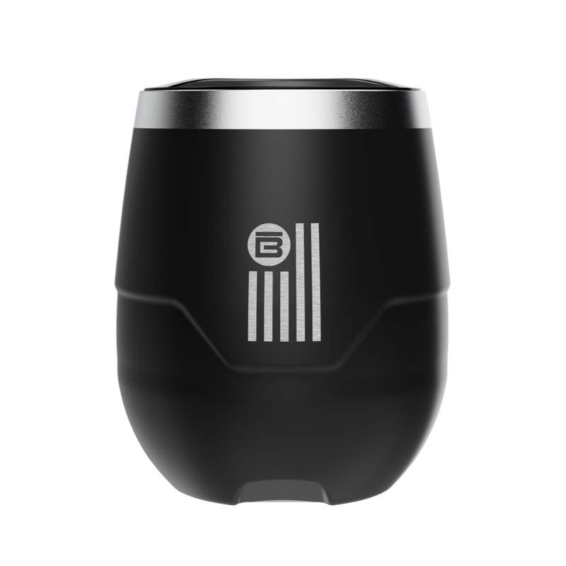 A detailed image of the BOTE Nation MAGNETumbler 12oz Stemless with Lid Black, showing its design and key features.