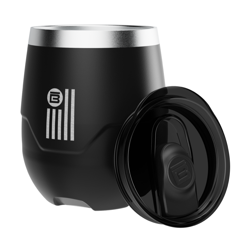 A detailed image of the BOTE Nation MAGNETumbler 12oz Stemless with Lid Black, showing its design and key features.
