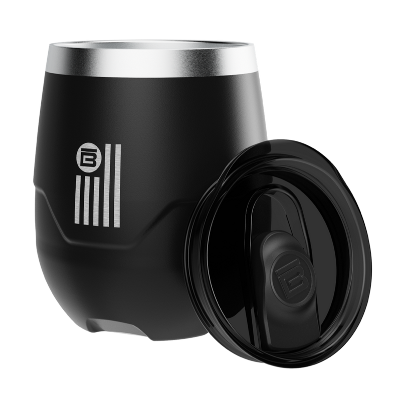 A detailed image of the BOTE Nation MAGNETumbler 12oz Stemless with Lid Black, showing its design and key features.