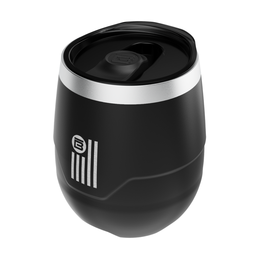 A detailed image of the BOTE Nation MAGNETumbler 12oz Stemless with Lid Black, showing its design and key features.