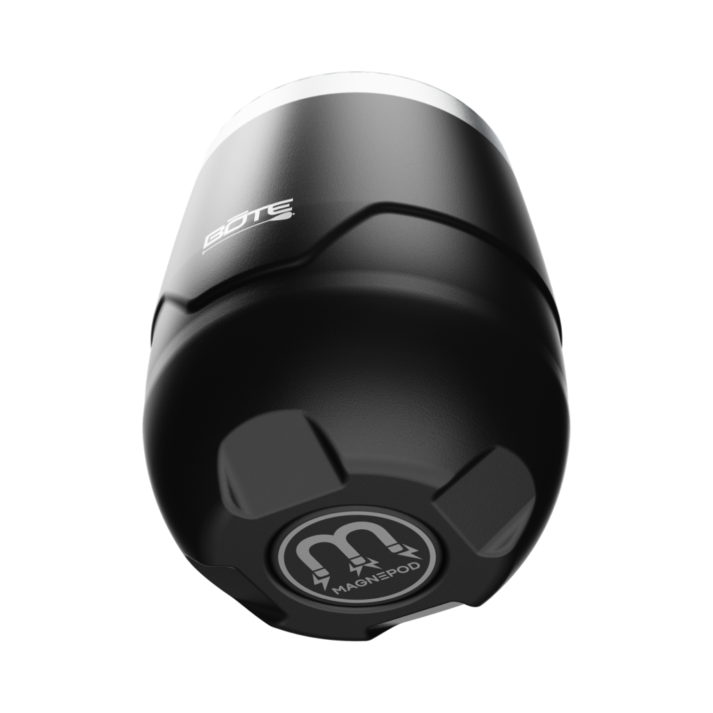A detailed image of the BOTE Nation MAGNETumbler 12oz Stemless with Lid Black, showing its design and key features.
