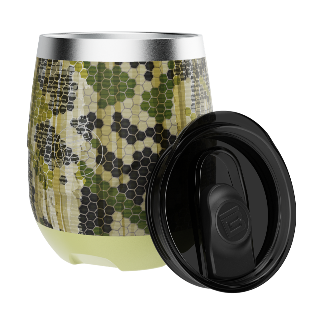 A detailed image of the MAGNETumbler 12oz Stemless with Lid Verge Camo, showing its design and key features.