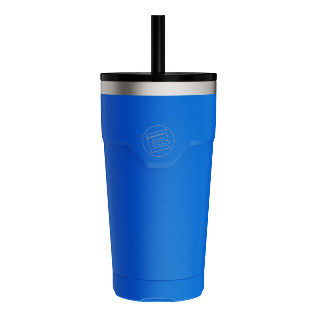 Side view of the MAGNETumbler 20oz with Lid Harbor Blue with straw in it