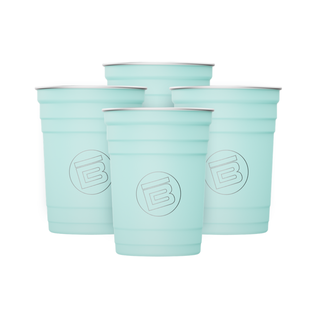 A detailed image of the Stainless Steel Cups 4-Pack Seafoam, showing its design and key features.