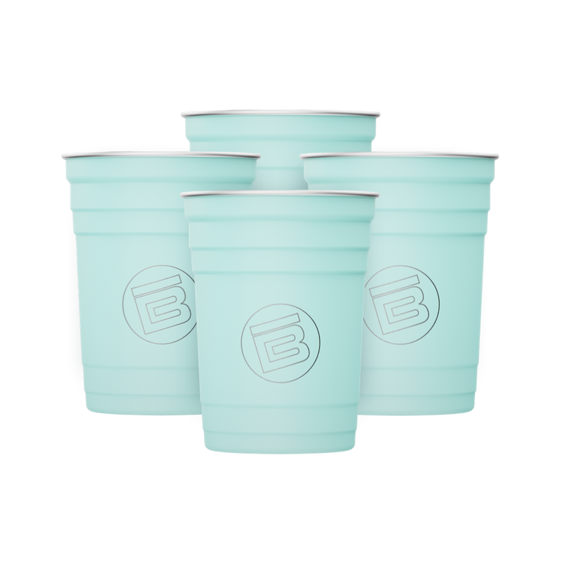 A detailed image of the Stainless Steel Cups 4-Pack Seafoam, showing its design and key features.