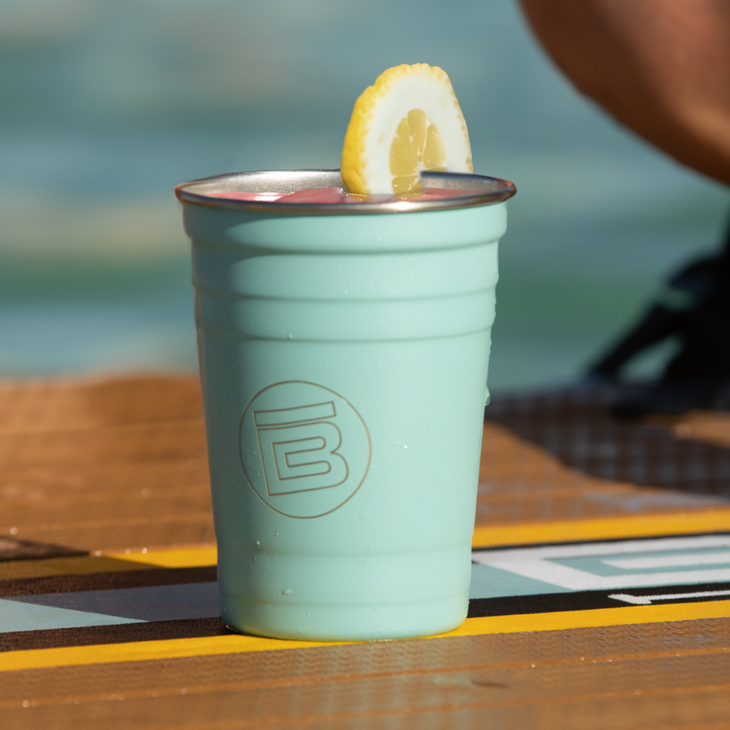 A detailed image of the Stainless Steel Cups 4-Pack Seafoam, showing its design and key features.