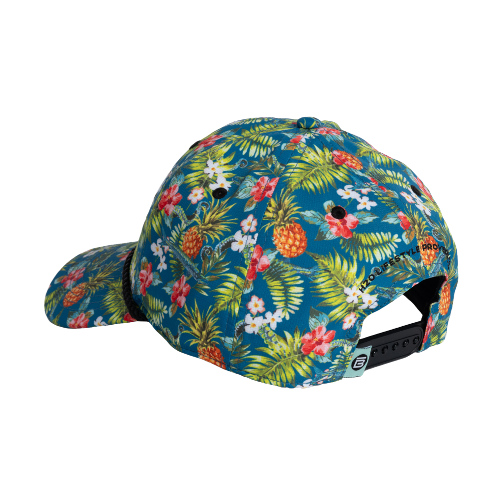 Rear view of the BOTE Native Cuda Ripstop Hat with Hawiian Print and black strap.