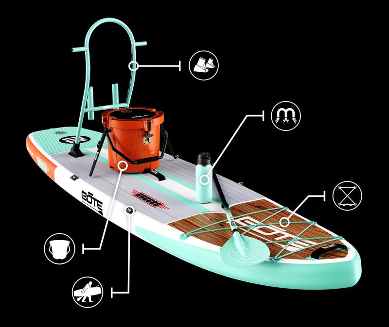Angled view of Breeze Aero kayak showing labeled features and compatible accessories.