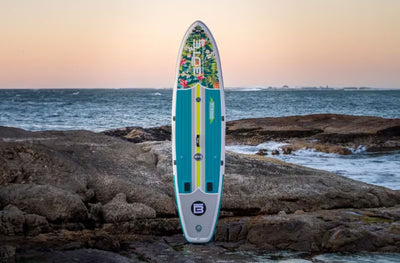 Teal paddle board with floral design standing upright on coastal rocks at sunset.
