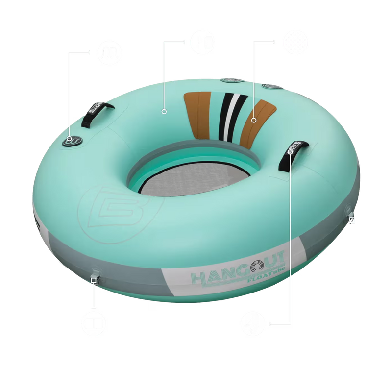 Product image of the Hangout FLOATube highlighting handles, valves, and seat mesh.