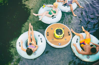 Group floating on connected FLOATubes around a central KULA cooler platform.