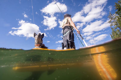 Low-angle view of a woman and her dog fishing while standing on a Rackham Aero paddle board.