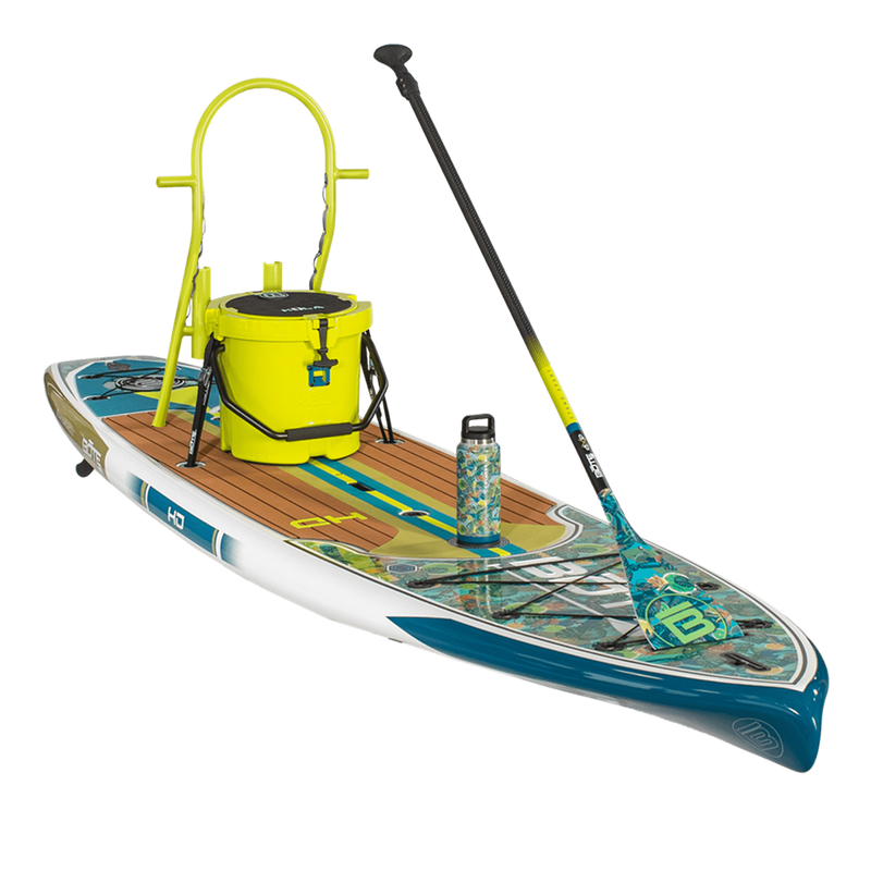 Front angled view of HD 12′ Native Bombardier board with paddle, cooler, rack, and bottle.