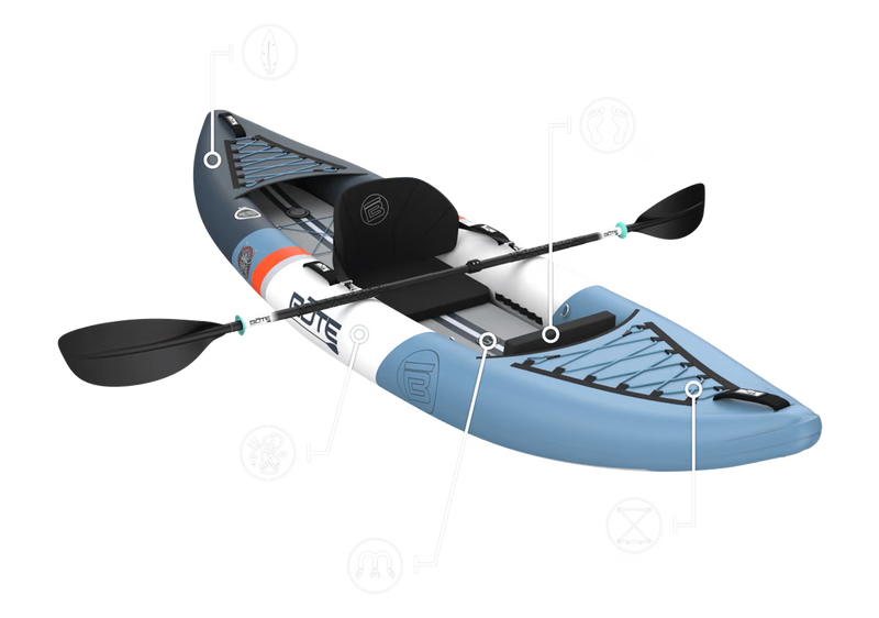 Angled view of Vali Aero kayak showing labeled features and compatible accessories.