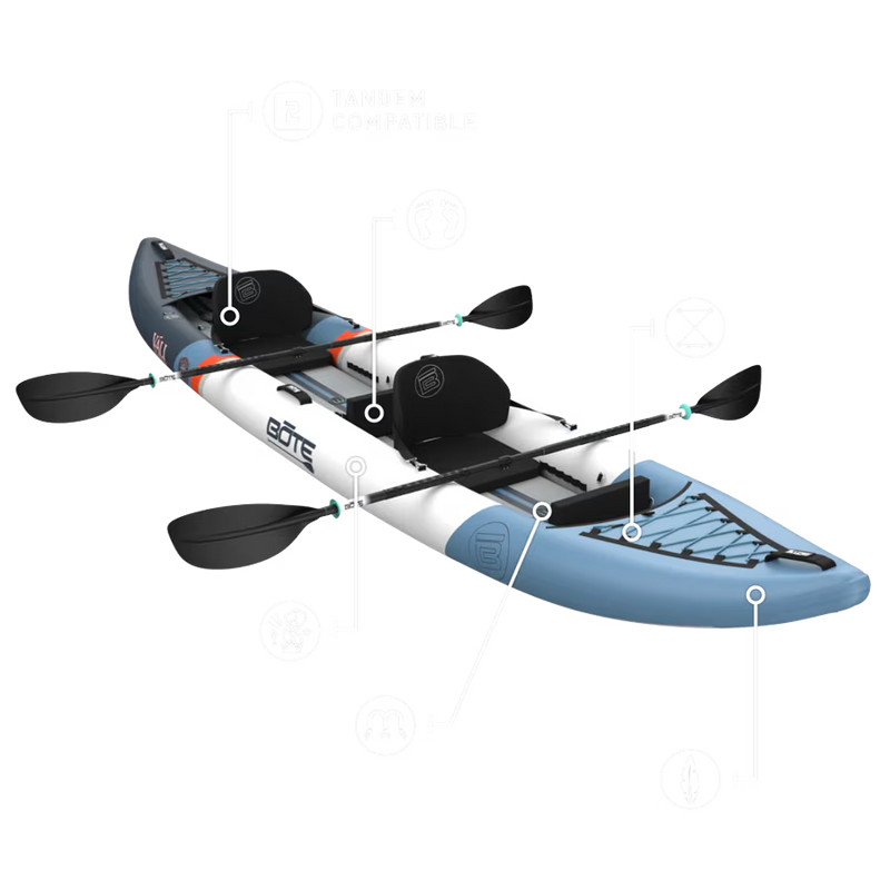 Angled view of Vali Aero tandem kayak showing labeled features and compatible accessories.