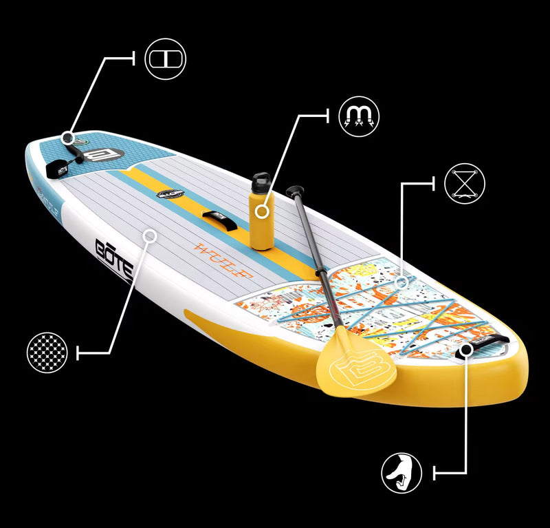 WULF Aero Inflatable paddle board with features labeled