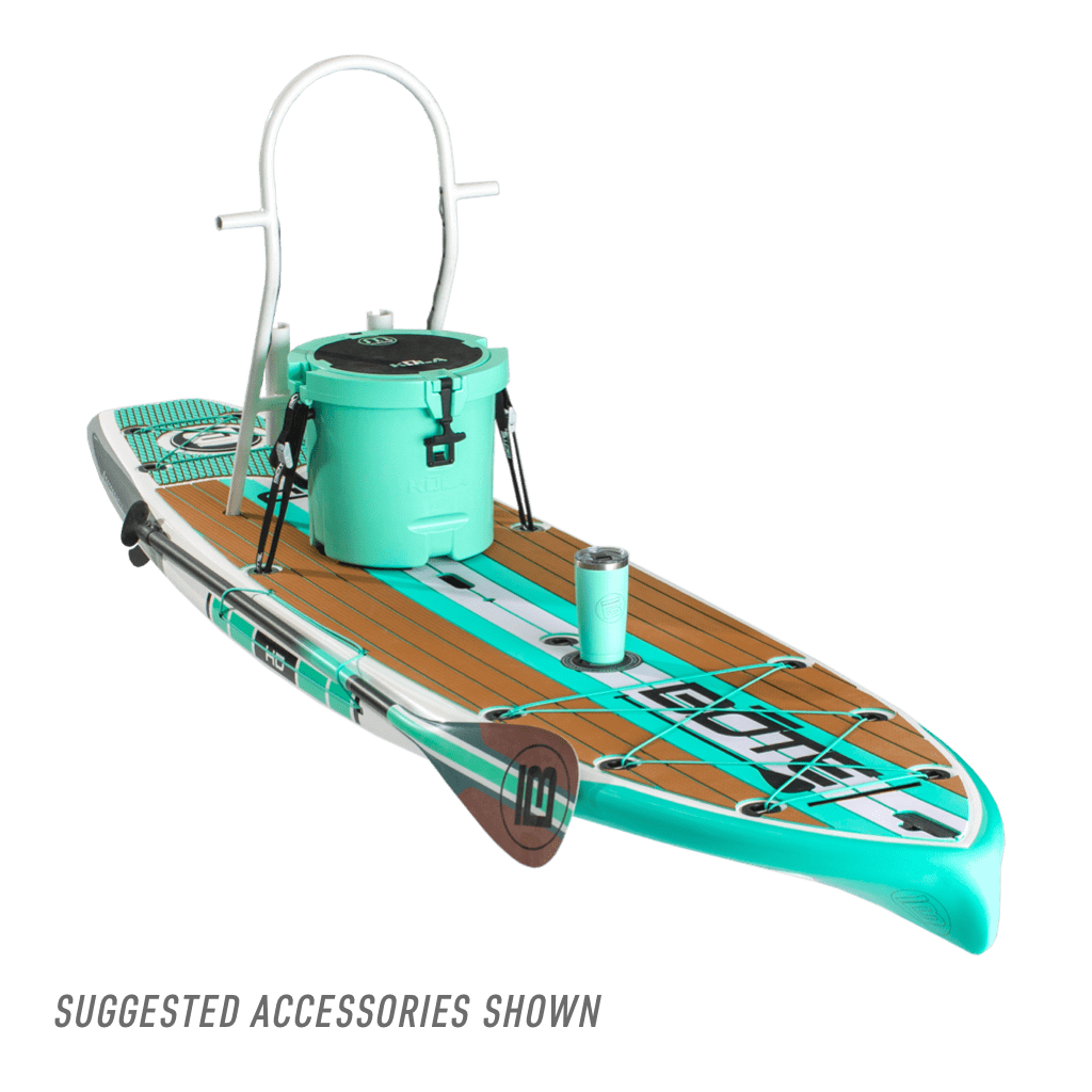 Front angled view of the HD 10′6″ Full Trax Seafoam Paddle Board with suggested accessories